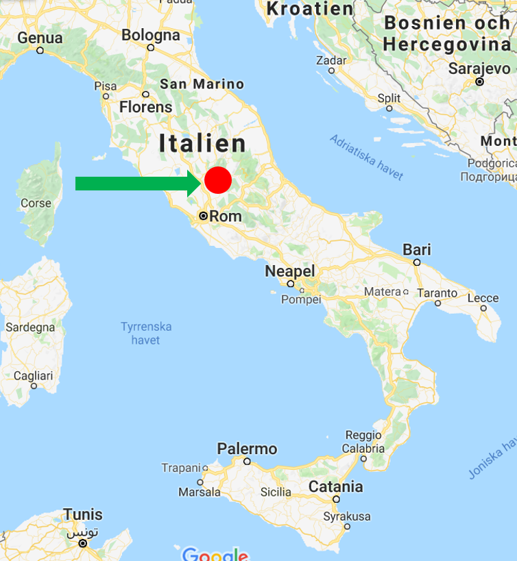 Karta över Italien med pil på Sabinerbergen